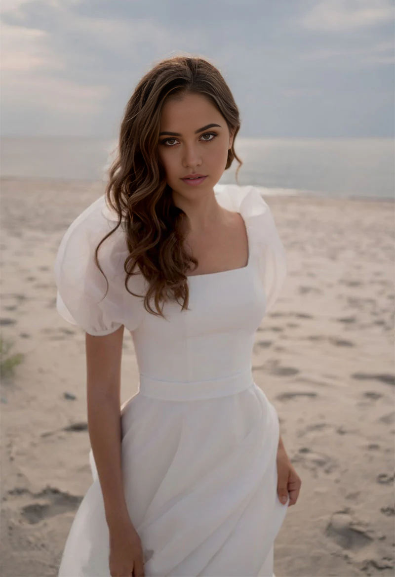 Wholesa A-Line Square Neck Short Sleeves Wedding Dresses with Train